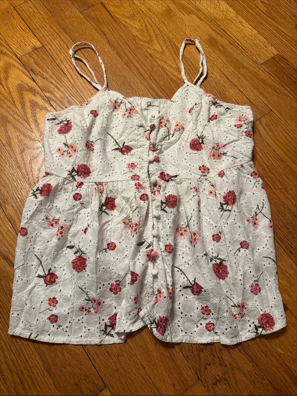 Women’s White Eyelet Top with Pink Floral Print